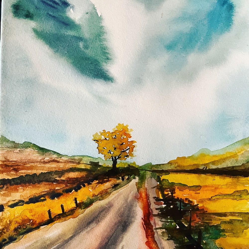 Yellow landscape watercolor painting